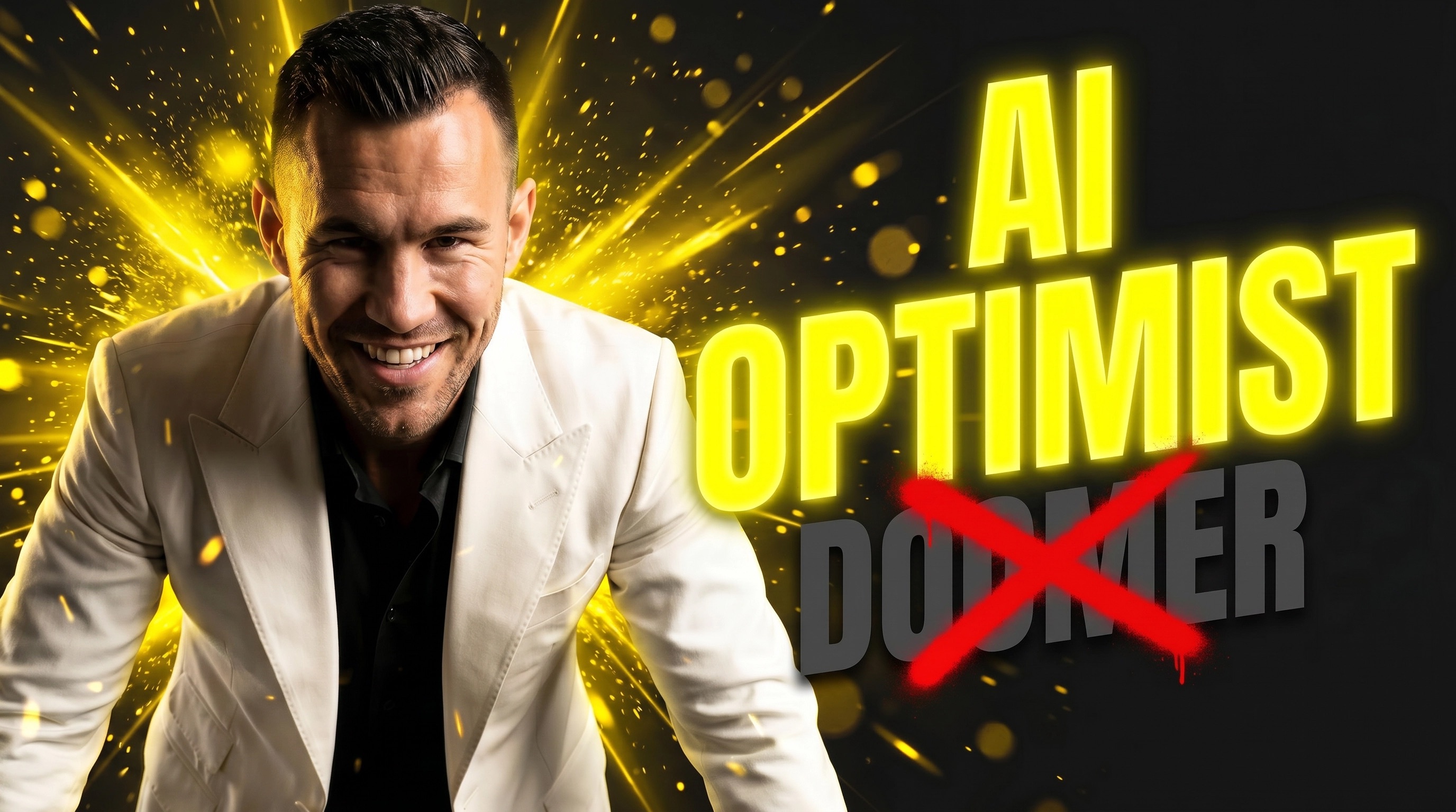 Man in white blazer smiling confidently with yellow light effects surrounding him