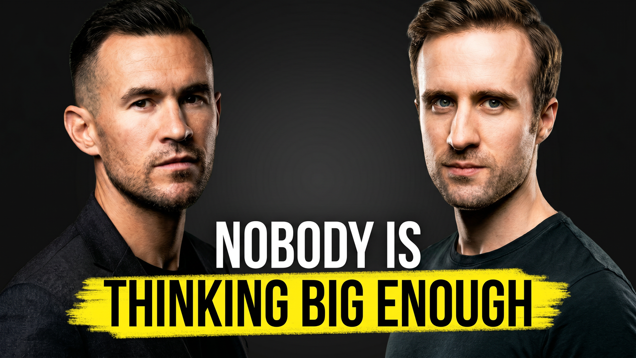 Two men in black shirts facing camera against dark background with yellow text overlay.