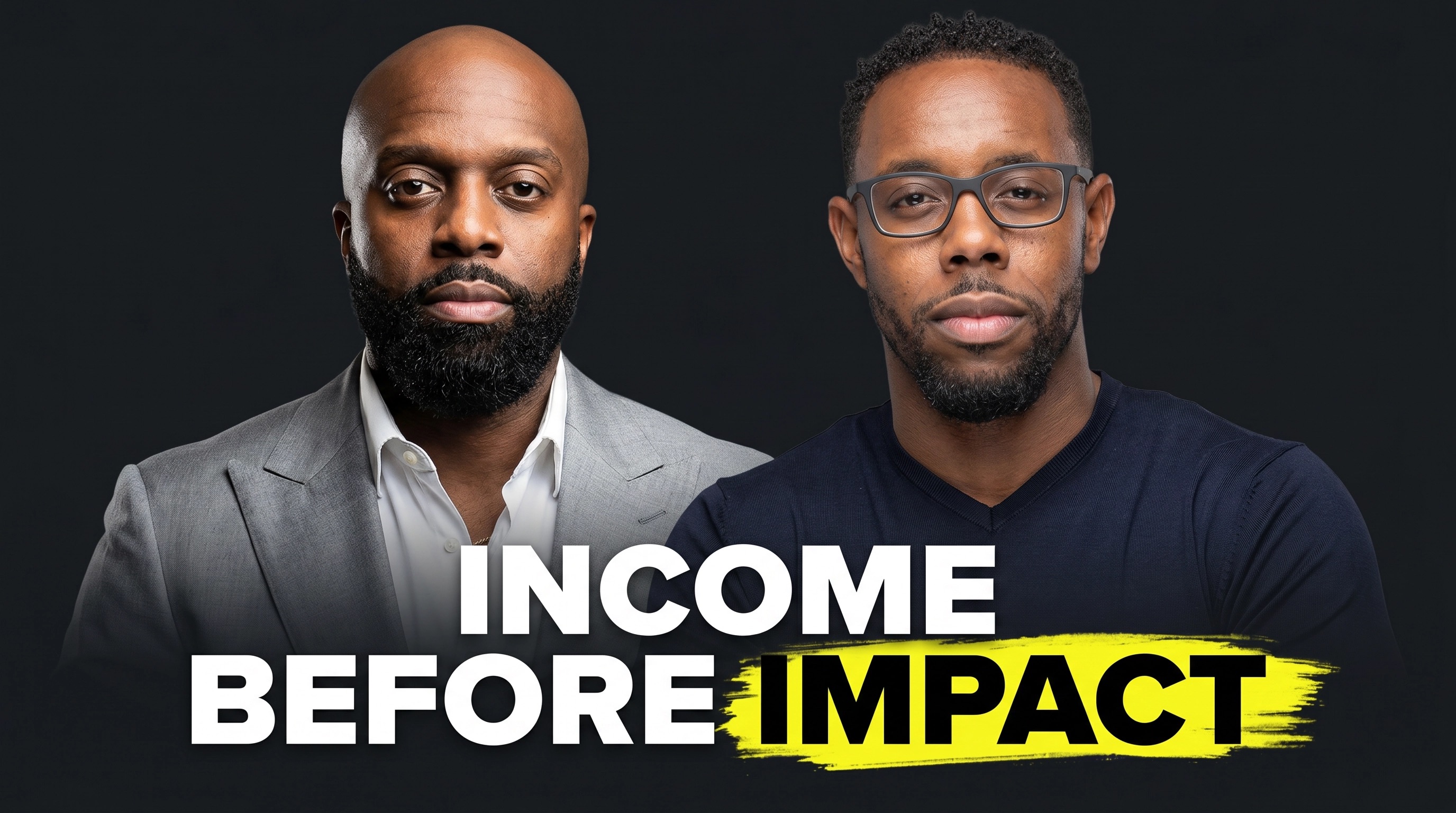 Two men in professional and casual attire against dark background with "Income Before Impact" text overlay.