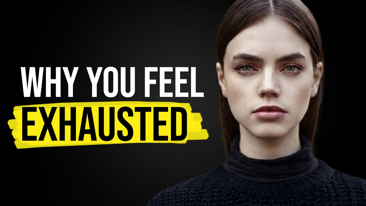 Woman with tired expression and dark circles under eyes against black background