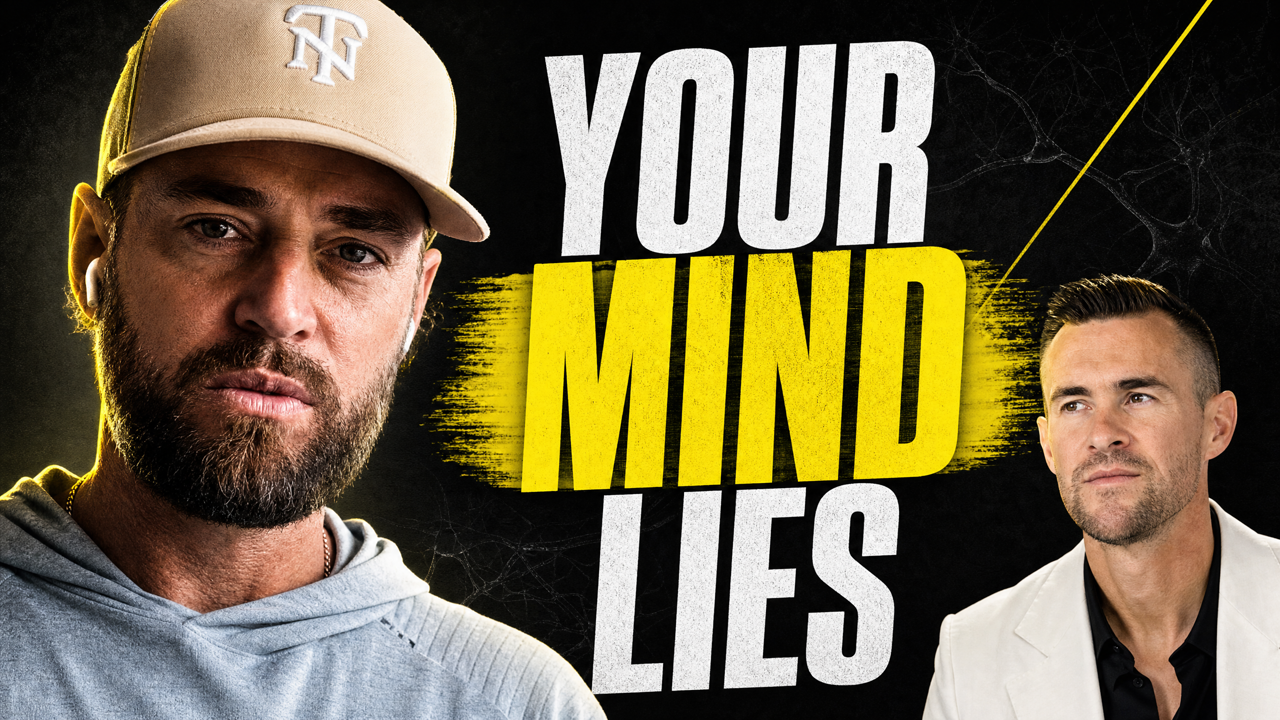 Two men in professional promotional graphic with yellow "Your Mind Lies" text overlay between them.